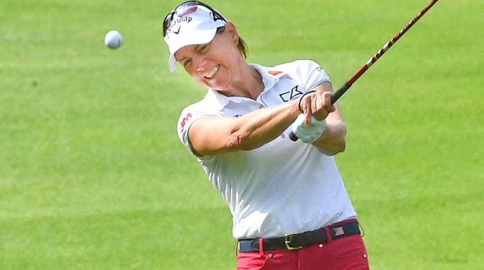 Annika Sorenstam is pictured in 2021 hitting a shot.